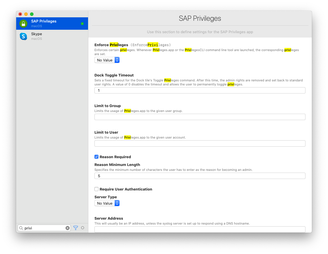 iMazing Profile Editor 有提供 SAP Privileges 的設定項目,只要把設定值填入對應的地方就好